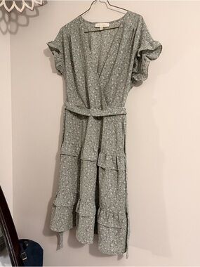 Monteau Sage Green Floral Wrap Midi Dress with Ruffles